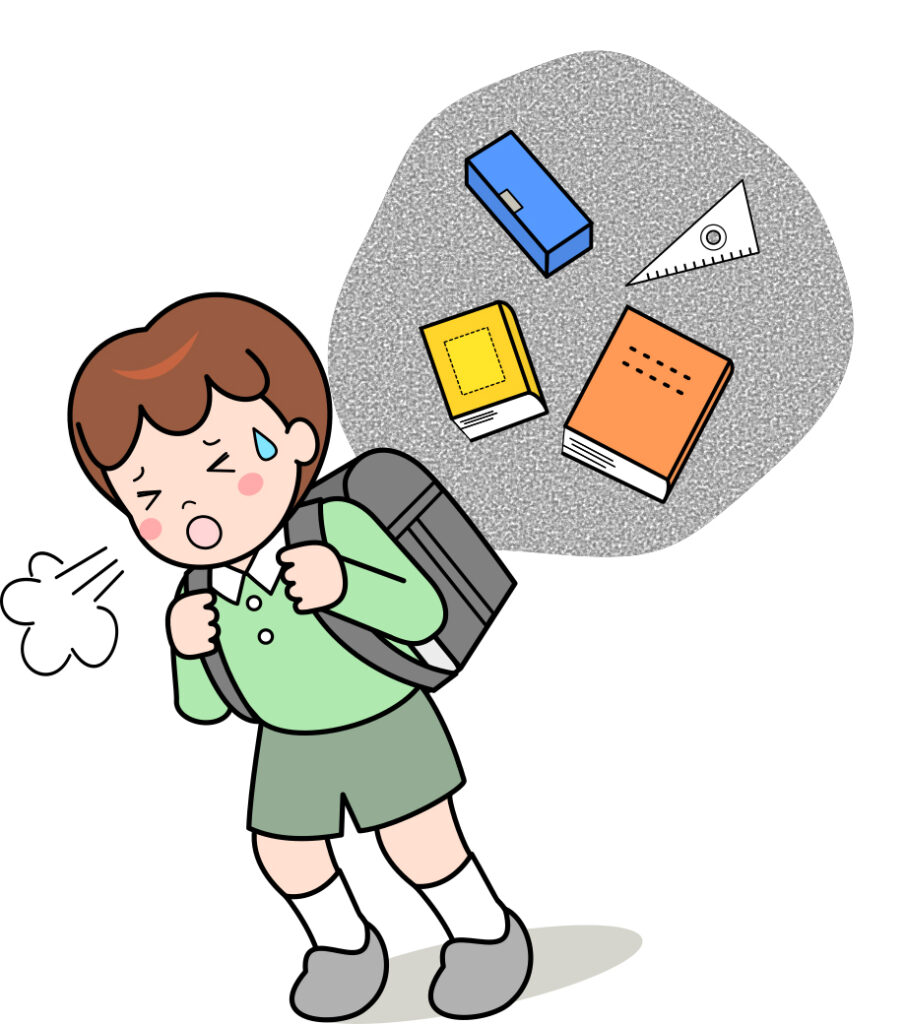 ランドセルの荷物が重くて困っている少年のイラスト