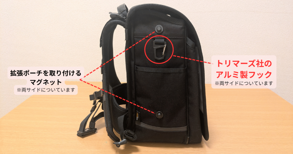 エルゴランセルのサイドのポケット、アルミ製のフック、拡張ポーチを取り付けるマグネットの写真