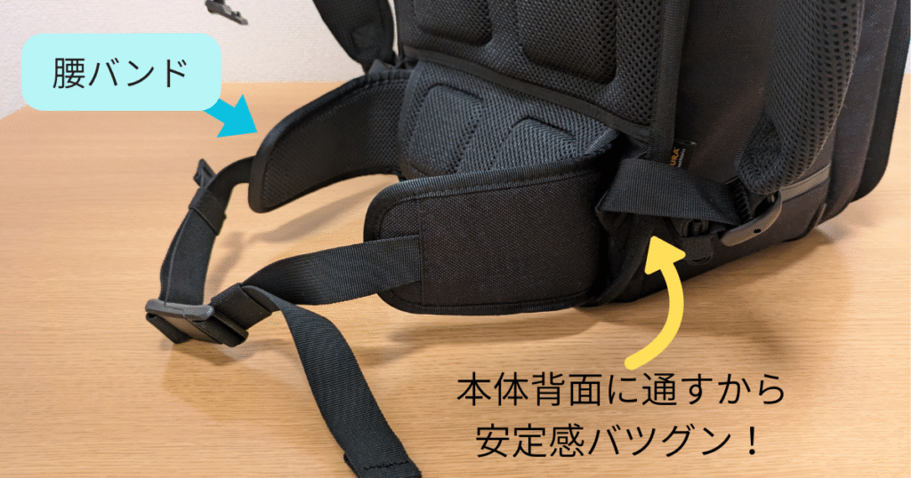 エルゴランセルの腰バンドをアップで写し、本体背面に通すから安定感が抜群であることを説明した写真