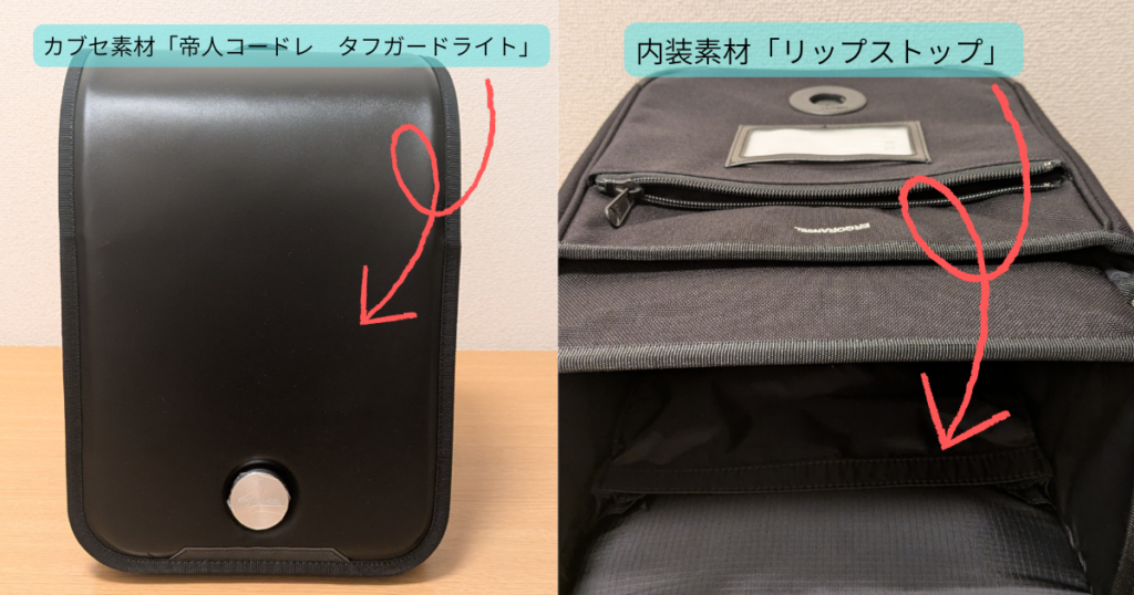 エルゴランセルのカブセと内装の素材を示した写真