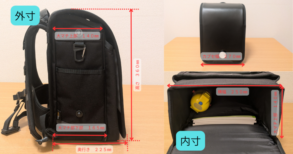 エルゴランセルと外寸と内寸を示した写真