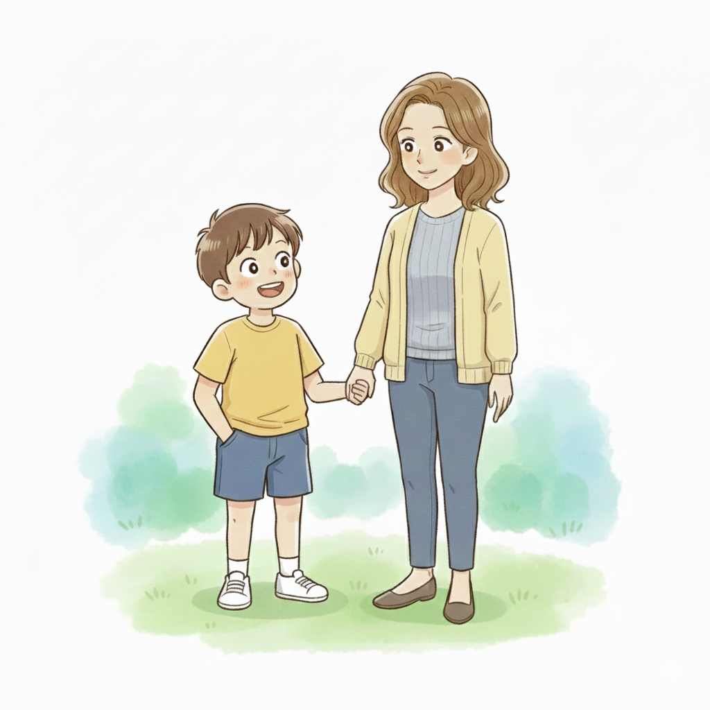 ママと男の子が手をつないでいるイラスト