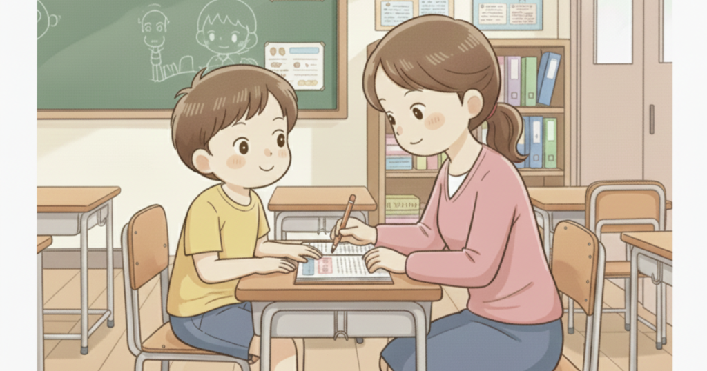 男の子が個別で先生に勉強を教えてもらっている様子のイラスト