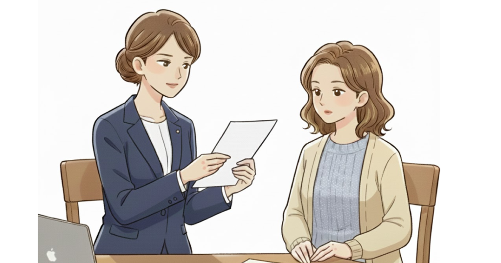 就学相談の田中ビネー検査の結果から、担当相談員からWISC-Ⅳを受けることを勧められている母親のイラスト