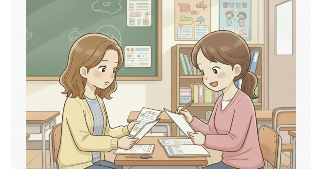 母親が小学校教諭に、息子のWISCーⅣの結果を面談で共有しているイラスト